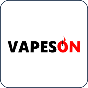 Vapeson logo i sort og rød med en stiliseret dampdetalje